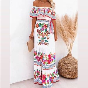 Colorful patterned maxi dress off the shoulders